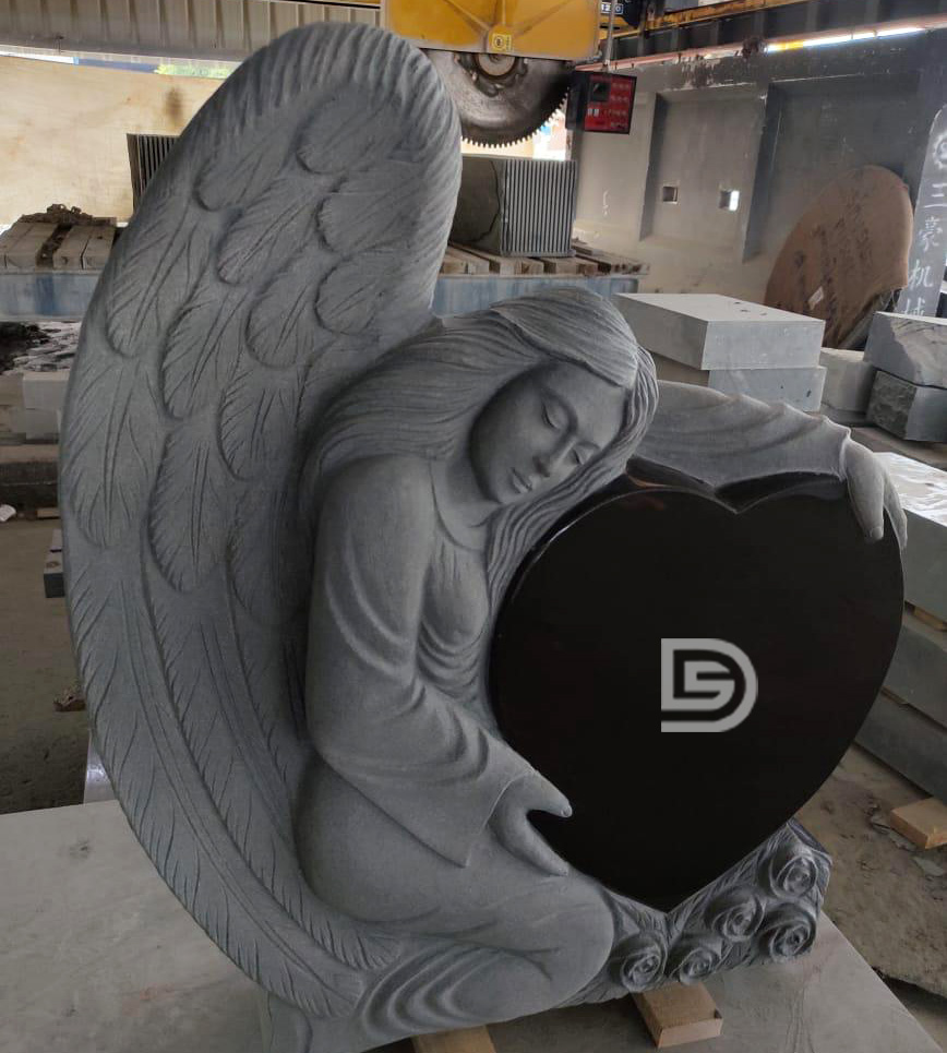 Angel with Heart Shaped Absolute Black granite monument
